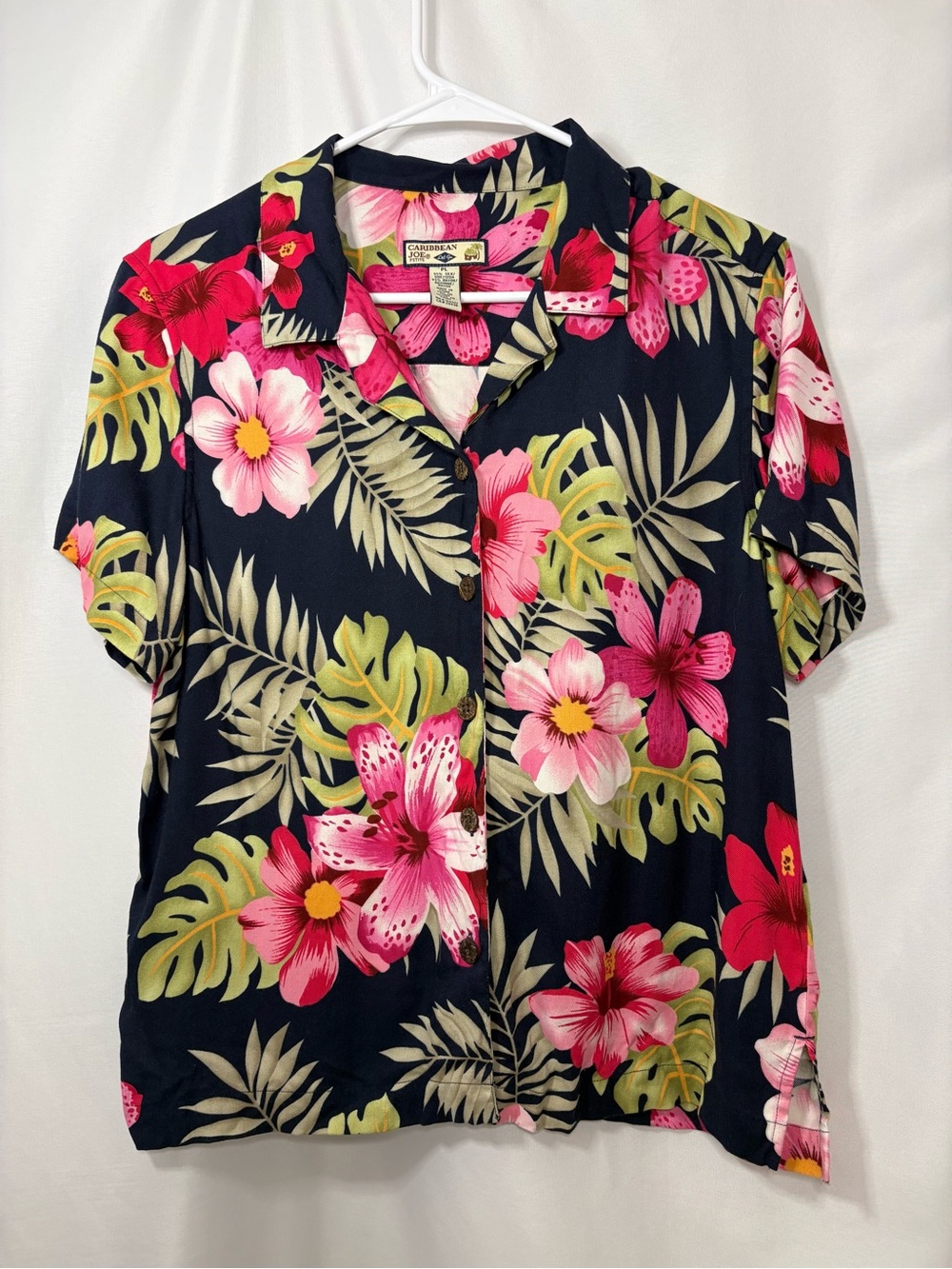 Vintage Caribbean Joe Hawaiian Floral Button-Up Shirt in Navy with Pink Flowers